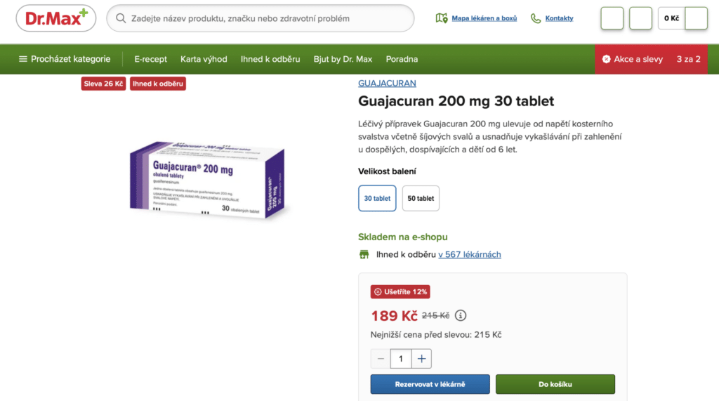 Guajacuran lze zakoupit volně v lékárnách, včetně Dr. Maxe.