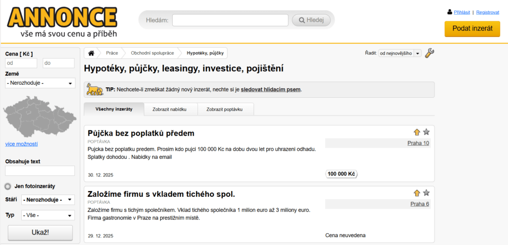 Soukromé půjčky lze najít i na annonce.cz. Annonce půjčky lze poptat i nabídnout.