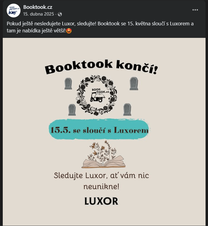 K 15. květnu 2025 došlo ke sloučení Booktook.cz s českým knihkupectvím Luxor.
